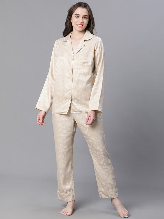 Women Beige Color Texture Print Elasticated Nightwear Pajama-W23147WNW002