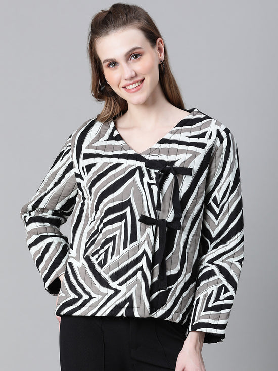 Women Black Printed V-Neck Tie-Knotted Cotton Bomber Jacket-W23204WBJ001