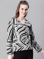 Women Black Printed V-Neck Tie-Knotted Cotton Bomber Jacket-W23204WBJ001