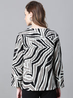 Women Black Printed V-Neck Tie-Knotted Cotton Bomber Jacket-W23204WBJ001