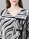 Women Black Printed V-Neck Tie-Knotted Cotton Bomber Jacket-W23204WBJ001