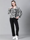 Women Black Printed V-Neck Tie-Knotted Cotton Bomber Jacket-W23204WBJ001