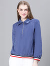 Women Blue Collared Zipped Long Sleeve Cotton Bomber Jacket-W23207WBJ001