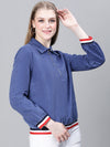 Women Blue Collared Zipped Long Sleeve Cotton Bomber Jacket-W23207WBJ001