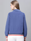 Women Blue Collared Zipped Long Sleeve Cotton Bomber Jacket-W23207WBJ001