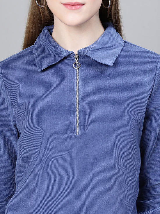 Women Blue Collared Zipped Long Sleeve Cotton Bomber Jacket-W23207WBJ001