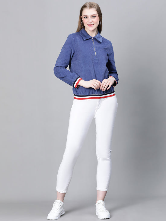 Women Blue Collared Zipped Long Sleeve Cotton Bomber Jacket-W23207WBJ001