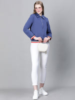 Women Blue Collared Zipped Long Sleeve Cotton Bomber Jacket-W23207WBJ001