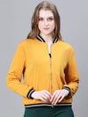 Women Mustard V-Neck Zip Lined Long Sleeve Bomber Jacket-W23209WBJ003