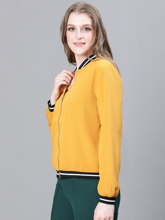 Women Mustard V-Neck Zip Lined Long Sleeve Bomber Jacket-W23209WBJ003