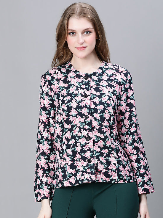 Women Multicolor Floral Print Round Neck Buttoned Long Sleeve Cotton Bomber Jacket-W23217WBJ003