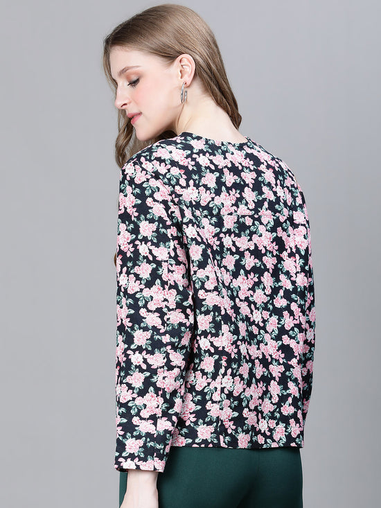 Women Multicolor Floral Print Round Neck Buttoned Long Sleeve Cotton Bomber Jacket-W23217WBJ003