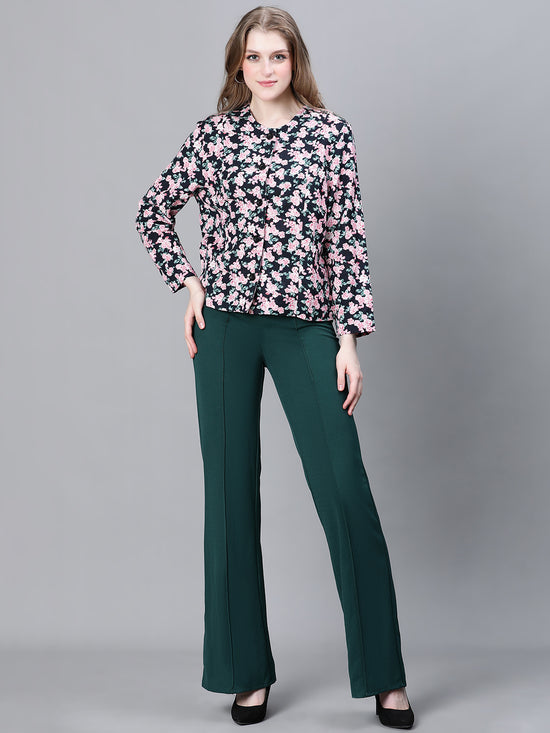 Women Multicolor Floral Print Round Neck Buttoned Long Sleeve Cotton Bomber Jacket-W23217WBJ003