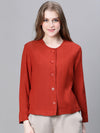 Women Soild Rust Round Neck Buttoned Long Sleeve Cotton Bomber Jacket-W23217WBJ004