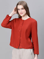 Women Soild Rust Round Neck Buttoned Long Sleeve Cotton Bomber Jacket-W23217WBJ004