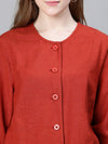 Women Soild Rust Round Neck Buttoned Long Sleeve Cotton Bomber Jacket-W23217WBJ004