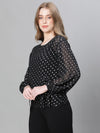 Women Black Dot Lurex Print Roudn Neck Long Sleeve Partywear Top-W23220WBL001