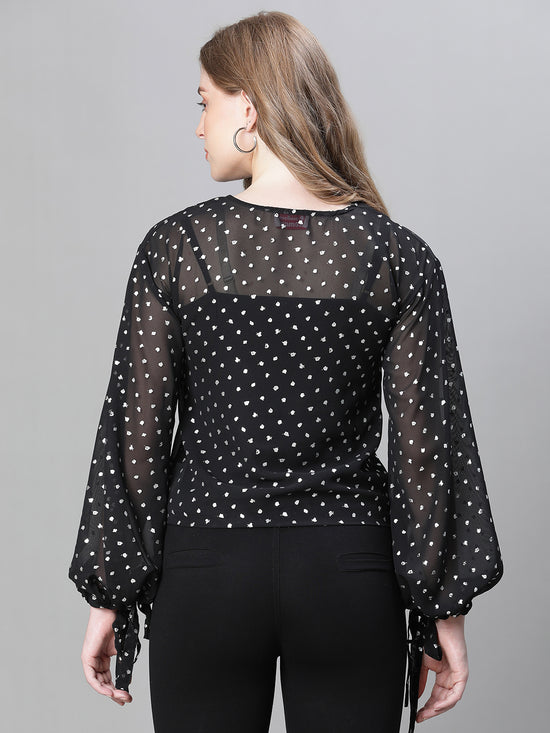 Women Black Dot Lurex Print Roudn Neck Long Sleeve Partywear Top-W23220WBL001