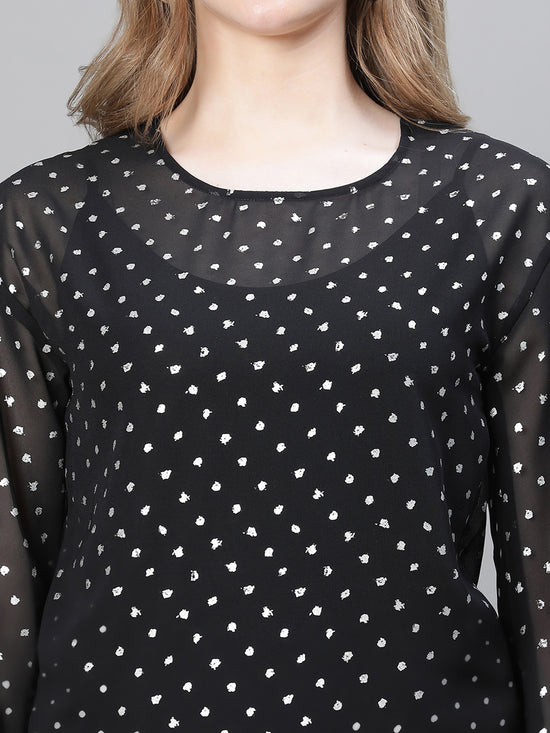 Women Black Dot Lurex Print Round Neck Long Sleeve Partywear Top-W23220WBL002