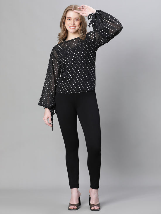 Women Black Dot Lurex Print Round Neck Long Sleeve Partywear Top-W23220WBL002