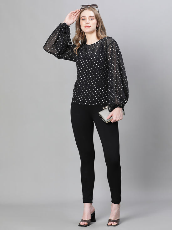 Women Black Dot Lurex Print Roudn Neck Long Sleeve Partywear Top-W23220WBL001