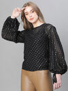 Women Black Dot Lurex Print Round Neck Long Sleeve Partywear Top-W23220WBL002