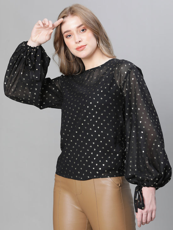 Women Black Dot Lurex Print Round Neck Long Sleeve Partywear Top-W23220WBL002