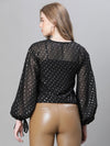 Women Black Dot Lurex Print Round Neck Long Sleeve Partywear Top-W23220WBL002