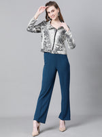 Women Multicolor Animal Print Open Collared Zip Lined Long Sleeve Bomber Jacket-W23221WBJ002