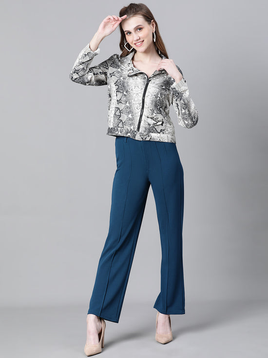 Women Multicolor Animal Print Open Collared Zip Lined Long Sleeve Bomber Jacket-W23221WBJ002