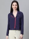 Women Navy Blue Open Collared Zip Lined Long Sleeve Bomber Jacket-W23221WBJ004