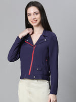 Women Navy Blue Open Collared Zip Lined Long Sleeve Bomber Jacket-W23221WBJ004