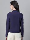 Women Navy Blue Open Collared Zip Lined Long Sleeve Bomber Jacket-W23221WBJ004