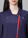 Women Navy Blue Open Collared Zip Lined Long Sleeve Bomber Jacket-W23221WBJ004