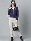 Women Navy Blue Open Collared Zip Lined Long Sleeve Bomber Jacket-W23221WBJ004