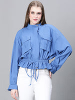 Women Blue High Neck Long Sleeve Elasticated Tie-Knotted Baggy Style Bomber Jacket-W23223WBJ003