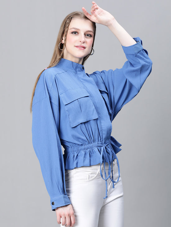 Women Blue High Neck Long Sleeve Elasticated Tie-Knotted Baggy Style Bomber Jacket-W23223WBJ003