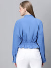 Women Blue High Neck Long Sleeve Elasticated Tie-Knotted Baggy Style Bomber Jacket-W23223WBJ003