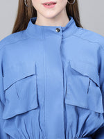 Women Blue High Neck Long Sleeve Elasticated Tie-Knotted Baggy Style Bomber Jacket-W23223WBJ003