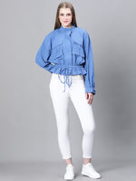 Women Blue High Neck Long Sleeve Elasticated Tie-Knotted Baggy Style Bomber Jacket-W23223WBJ003