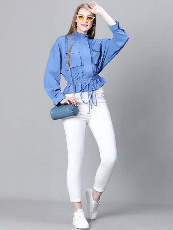 Women Blue High Neck Long Sleeve Elasticated Tie-Knotted Baggy Style Bomber Jacket-W23223WBJ003