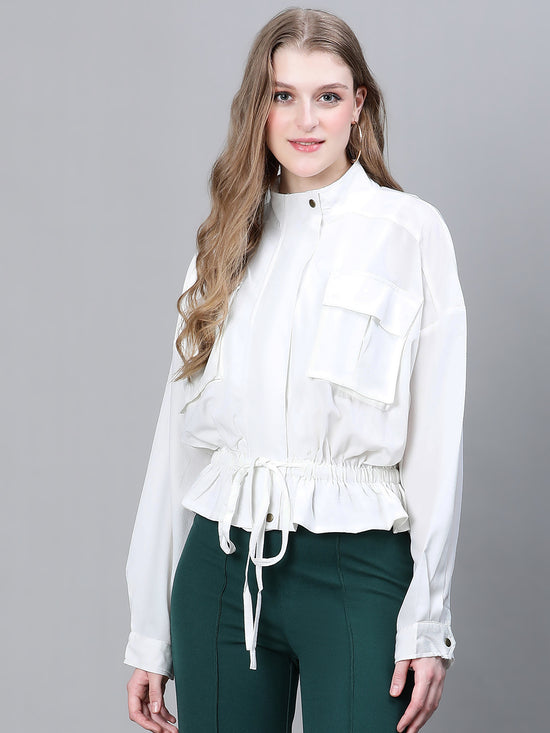 Women White High Neck Long Sleeve Elasticated Tie-Knotted Baggy Style Bomber Jacket-W23226WBJ001