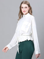 Women White High Neck Long Sleeve Elasticated Tie-Knotted Baggy Style Bomber Jacket-W23226WBJ001