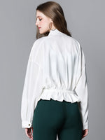 Women White High Neck Long Sleeve Elasticated Tie-Knotted Baggy Style Bomber Jacket-W23226WBJ001