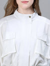 Women White High Neck Long Sleeve Elasticated Tie-Knotted Baggy Style Bomber Jacket-W23226WBJ001