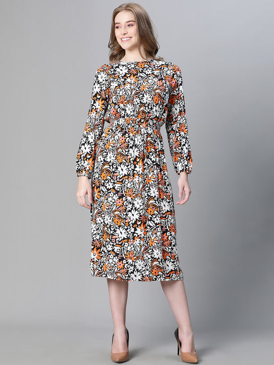 Women Multicolor Floral Print Round Neck Long Sleeve Long Dress-W23227WDR002