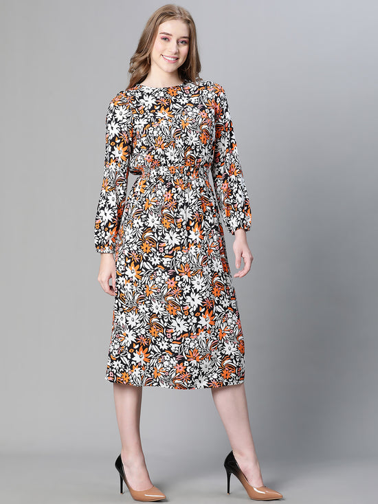 Women Multicolor Floral Print Round Neck Long Sleeve Long Dress-W23227WDR002