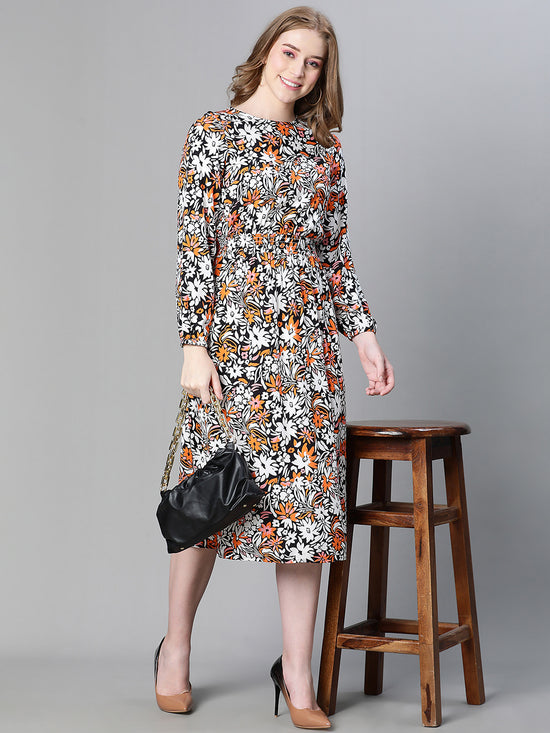 Women Multicolor Floral Print Round Neck Long Sleeve Long Dress-W23227WDR002