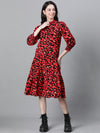 Women Red Animal Print Round Neck Long Sleeve Cotton Dress-W23228WDR001