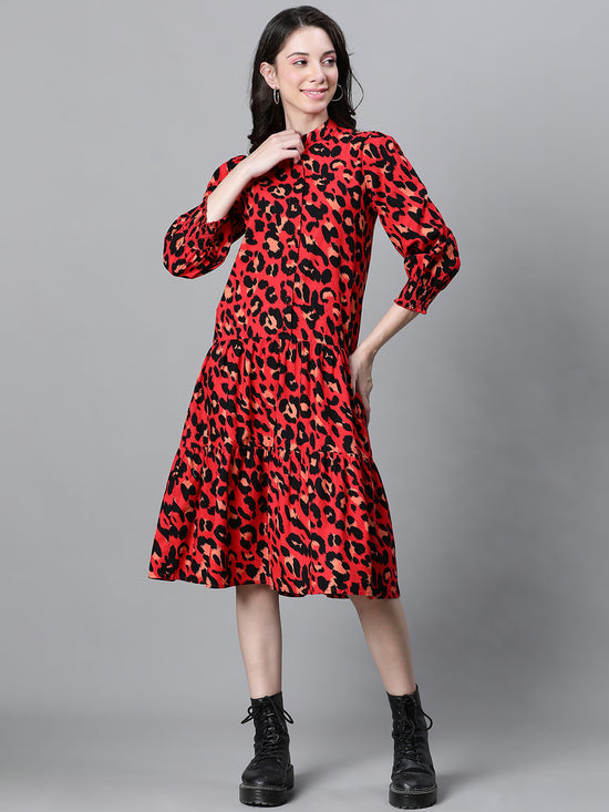 Women Red Animal Print Round Neck Long Sleeve Cotton Dress-W23228WDR001